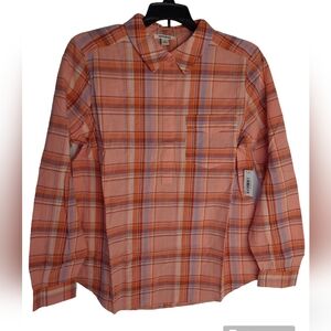 Goodthreads Women's Washed Cotton Long Sleeve Popover Orange Plaid Shirt Small